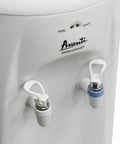 Close-up of top loading water cooler dispenser that fits 3 and 5 gallon bottles with stainless steel reservoir in white.