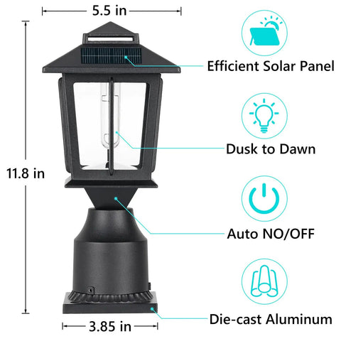 Metal Solar Post Lights 2 Pack Solar Post Cap Lights with auto on/off, efficient solar panel, and die-cast aluminum.