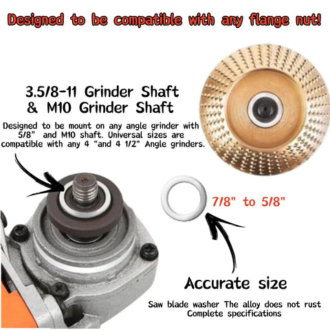Kickass 5 Pack Wood Carving Discs For Angle Grinders featuring 4 and 4 1/2 inch teeth, showing M10 and 5/8 inch compatibility.