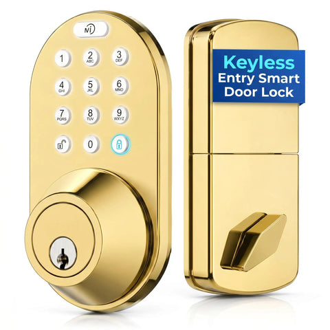 No Sweat Smart Keypad Deadbolt With Top Shelf Polished Brass Finish And One Touch Locking Stores Fifteen Custom Codes Smooth Digital Entry Rock Solid Front Door Security Upgrade