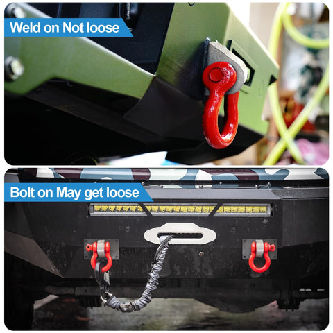 Comparison of welded vs bolted shackle mounts; welded mount with secure red D ring and bolted mount with dual red D rings on bumpers