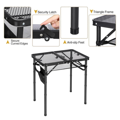Small Folding Grill Table For Outdoors With Three Adjustable Heights Lightweight Portable Aluminum Camp Table For Camping Picnics BBQ Black 24 By 16 Inches with secure curved edges, security latch, anti-slip feet, and triangle frame design.