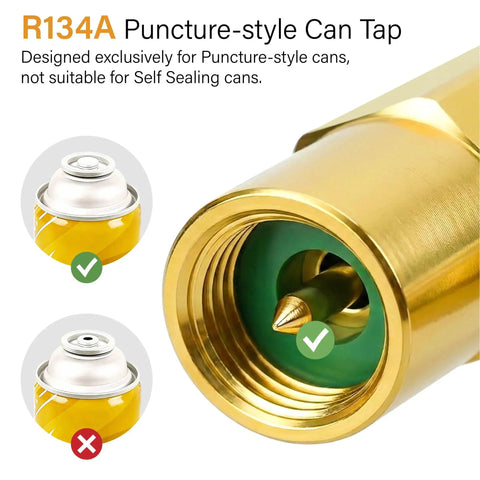 R134A Car AC Refrigerant Recharge Hose Kit With Gauge puncture-style can tap for auto air conditioning top off.