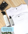 3-In-1 No Iron Wrinkle Release, Static Cling Remover, Odor Eliminator And Fabric Refresher Spray, Travel Size 3 oz next to white shirts.