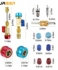 R134A Valve Core Removal Tool Set Go-To With Red High-Pressure And Blue Low-Pressure Removers, kit with dimensions and colors.