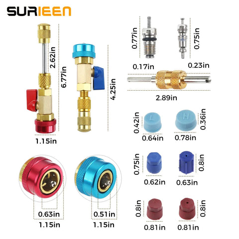 R134A Valve Core Removal Tool Set Go-To With Red High-Pressure And Blue Low-Pressure Removers, kit with dimensions and colors.