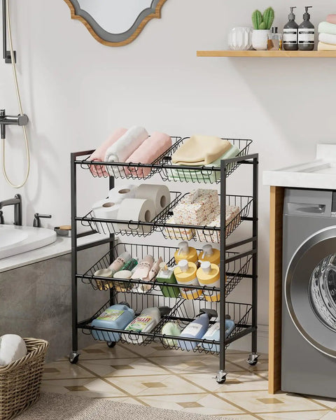 25.2 Inch Wide Kitchen Storage Cart With Four Tier Basket System Rolling Metal Pantry Organizer Removable Baskets For Onion And Potato Storage Fruits And Veggies Black in a bathroom setup with towels and toiletries.