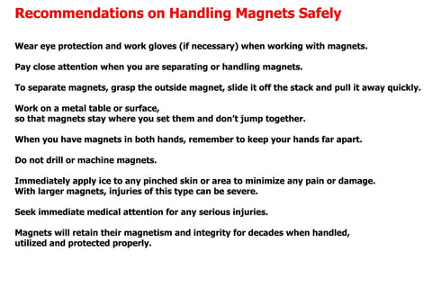 Text instructions on safe handling of magnets for Neodymium Magnets 1/4 x 1/4 Inch, N48 Grade.