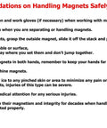 Magnet safety poster with red header Reading Recommendations on Handling Magnets Safely and black safety text on a white background