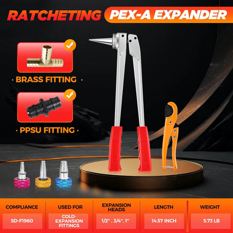 Beefed-Up PEX A Expansion Tool Kit With 1/2 Inch, 3/4 Inch, And 1 Inch Expansion Heads, Manual Expander For ASTM F1960 Fittings