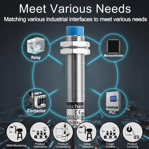 M12 Capacitive Proximity Sensor Switch Non Shield Type LJC12A3-5-Z/AX with surrounding industrial interface icons