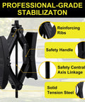Heavy Duty X Shaped RV Wheel Chock Stabilizer Kit with safety features and tension steel, suitable for 3.5-12 inch wheel gaps.