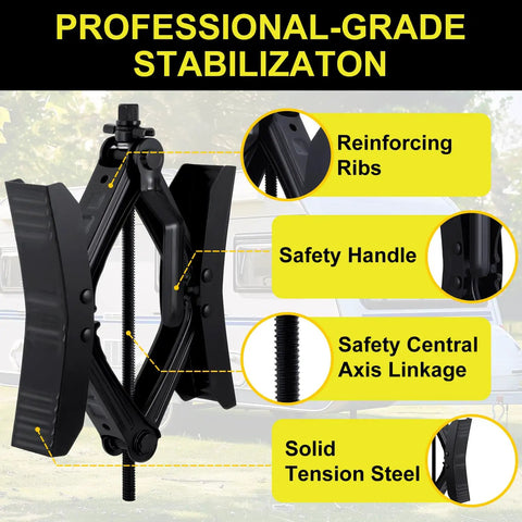 Heavy Duty X Shaped RV Wheel Chock Stabilizer Kit with safety features and tension steel, suitable for 3.5-12 inch wheel gaps.