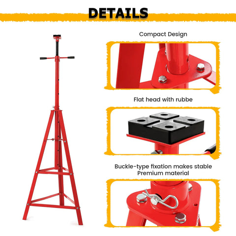 Rugged Adjustable Under Hoist Tripod Stand Built Like A Tank With Heavy Duty Steel And Quick Screw Adjustment For High Lift 2 Ton Automotive Shop Support, showing compact design and rubber flat head.