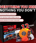 Big Rig And Semi Truck Metal Polishing Complete Kit With Buffing Wheels Buffing Compound Safety Flanges 12 Piece Aluminum Polishing System Sanding Discs Microfiber Cloths And Rebel Red Liquid Metal Polish displayed with 12 items.