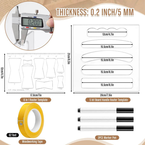 All In One Router Template Kit For DIY Woodworking with charcuterie board handle guides, tray edge templates, tape, and marking pens.