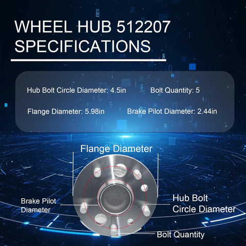 Diagram showing specifications of Wheel Hub 512207 including bolt circle and flange diameter.