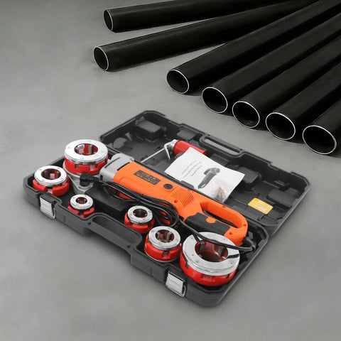 2300W Heavy Duty Electric Pipe Threader Machine Kit - Professional Power Tool For Threading Iron Steel Pipes with accessories and pipes.
