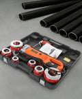 Heavy Duty Portable Electric Pipe Threader 110V Rock Solid 2300W Copper Motor With Six Piece Die Kit And Carry Case displayed with pipes.