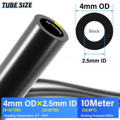 Diagram of Black PU Air Hose Kit 4mm OD Two And A Half Millimeter ID 10m length, showcasing dimensions and material features