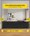 Mega Wide 118 Inch Retractable Baby Gate With Mesh Panels For Indoor Outdoor Use, in a living room, 33 inches tall, black.