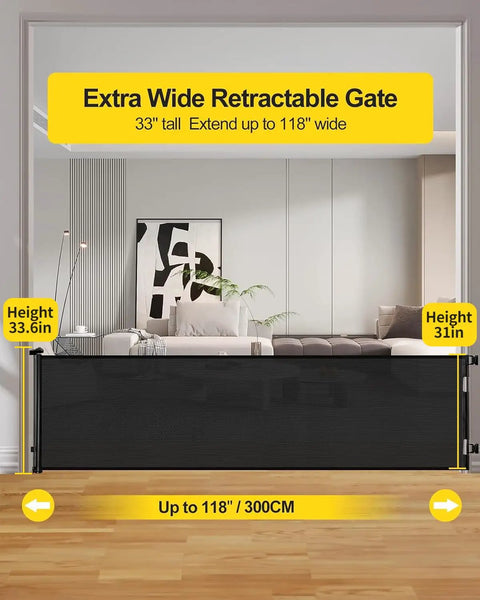 Mega Wide 118 Inch Retractable Baby Gate With Mesh Panels For Indoor Outdoor Use, in a living room, 33 inches tall, black.