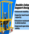 Yellow hydraulic material lift stacker with double-column frame, pallet forks, and 360-degree casters