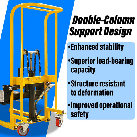 Yellow hydraulic material lift stacker with double-column frame, pallet forks, and 360-degree casters