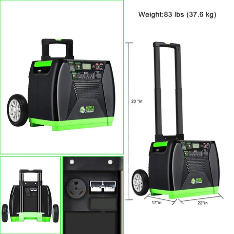 Elite Gold Off Grid Power System 3600W Solar And Wind Pure Sine Wave Kit with cart and wheels, product dimensions visible