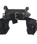 Electrician Tool Belt Set Max Combo With Comfort Back Support And Leather Belt Buckle, shown with various pockets and black design.
