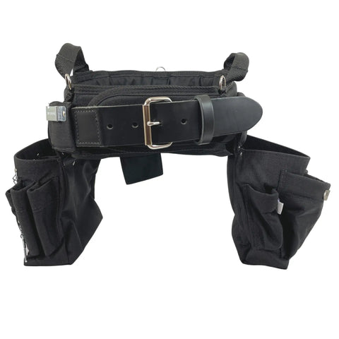 Electrician Tool Belt Set Max Combo With Comfort Back Support And Leather Belt Buckle, shown with various pockets and black design.