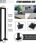 Floor Mounted U Shaped Stair Handrail Matte Black Heavy Duty Iron Railing size guide with dimensions and protective covers.