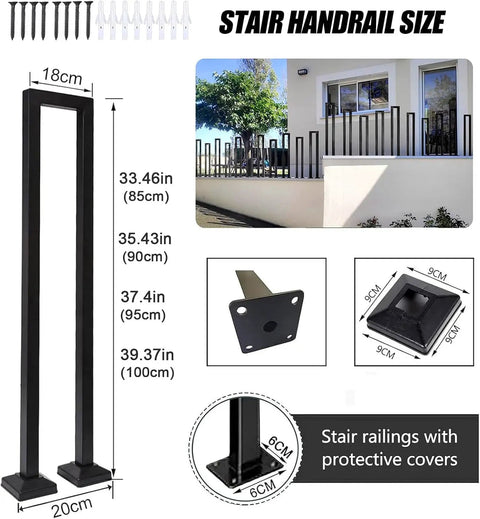 Floor Mounted U Shaped Stair Handrail Matte Black Heavy Duty Iron Railing size guide with dimensions and protective covers.