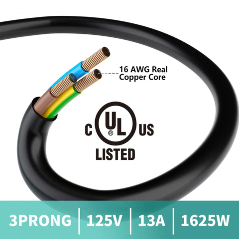 Interior view of 3 Prong Y Splitter Extension Cord One Foot Straight Plug To Two Outlet Space Saver For Indoor Outdoor Use Heavy Duty Weatherproof SJTW 16 AWG 13 A UL Listed showing 16 AWG copper wires.