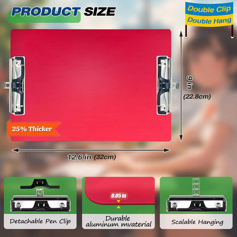 Workhorse Aluminum Clipboard For A4, Hangable Pen Holder, Dual Clip Board, red, dimensions 12.6x9 in, durable design