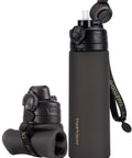 Collapsible 21oz Silicone Water Bottle With Straw Carry Strap Leakproof Screw Lid in black, shown folded and unfolded, for hiking and camping.