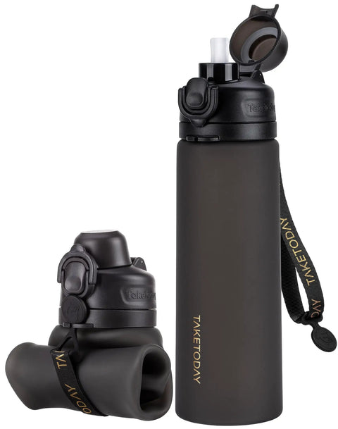 Collapsible 21oz Silicone Water Bottle With Straw Carry Strap Leakproof Screw Lid in black, shown folded and unfolded, for hiking and camping.