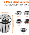 Six Pack ER32 Collet Set Includes One Eighth One Quarter Three Eighth One Half Five Eighth Three Quarter Inch Sizes for CNC Machines