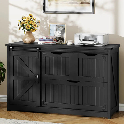 Rustic Farmhouse File Cabinet With Sliding Barn Door For Home Office Storage Heavy Duty Filing Stand with black finish.