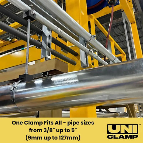 Pipe Clamp Kit Three Eighths To Five Inches Universal Flat Mount Pro Grade Clamp with stainless strap, securing pipes