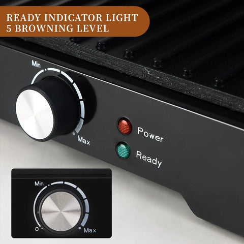 Big Panini Press Grill Sandwich Maker 3 In 1 Opens Flat To 180 Degrees for versatile cooking with browning control knob and indicator lights.