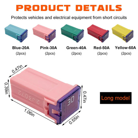 Top Shelf Road Ready Square Auto Fuses 10 Piece Assorted Kit covers 20 through 60 Amp showing Pink-30A fuse detailed view.