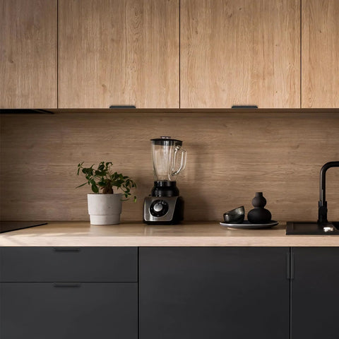 10 Pack Black Finger Edge Pulls For Cabinets And Drawers, installed in modern kitchen, showcasing matte black finish on wood cabinetry.