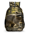 Front view of Woodland Raccoon Print Backpack For Everyone With Large Capacity Unisex Everyday Go To Daypack Built For School Travel And Outdoors