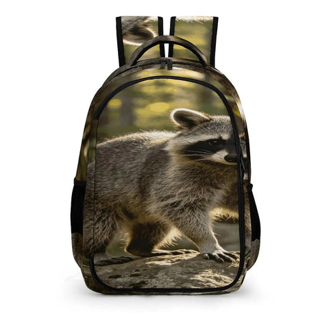 Front view of Woodland Raccoon Print Backpack For Everyone With Large Capacity Unisex Everyday Go To Daypack Built For School Travel And Outdoors