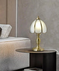 Retro Mushroom Table Lamp With Frosted Glass Shade And Brass Base on living room nightstand, UL Certified, 7.4x13.7 in.