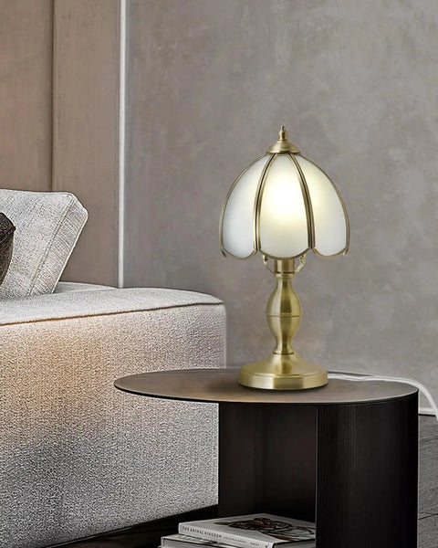 Retro Mushroom Table Lamp With Frosted Glass Shade And Brass Base on living room nightstand, UL Certified, 7.4x13.7 in.
