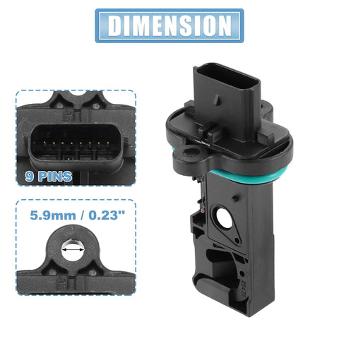 Mass Air Flow Sensor MAF Replacement For Chevrolet Cruze 1.4L L4 Gas 2016 2017 2018 2019 Drop In Fit Easy Install Plug And Play Airflow Meter With OE 55498433, showing 9 pins and dimensions