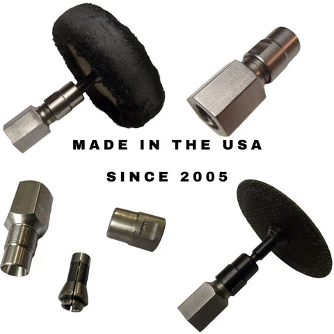 Five Eighth UNC Thread Adapter With One Quarter Inch Collet for Grinders, 303 Stainless, USA-made, multiple views with attached wheels