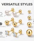 Gold Stud Earrings Set For Women 12 Pairs In 3 Styles And 4 Sizes Hypoallergenic Jewelry Kit Featuring CZ Sparkle Studs Shiny Gold Ball Studs And Classic Pearl Studs For Everyday Wear, 3mm to 6mm